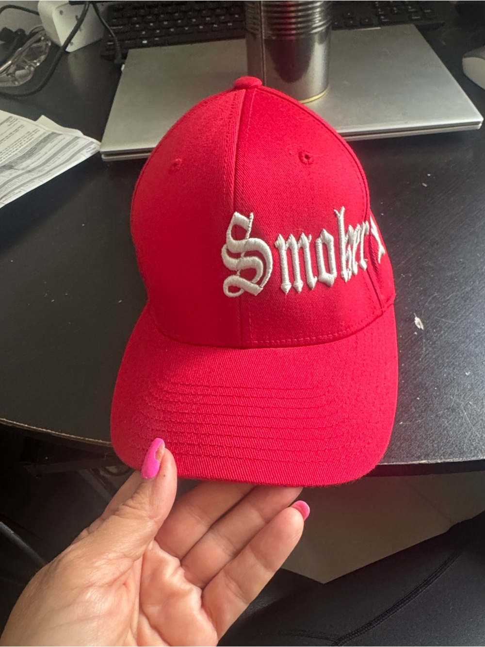 Red Embroidered 'Smoker' Baseball Cap - Men